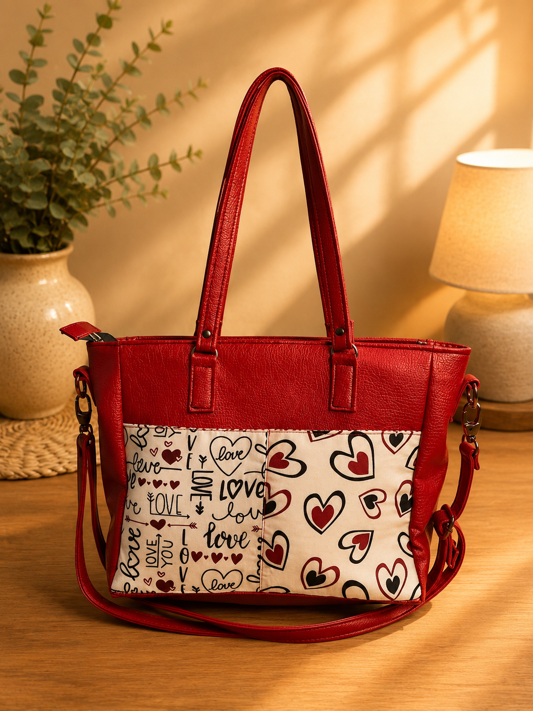 red vinyl heart print handbag back view