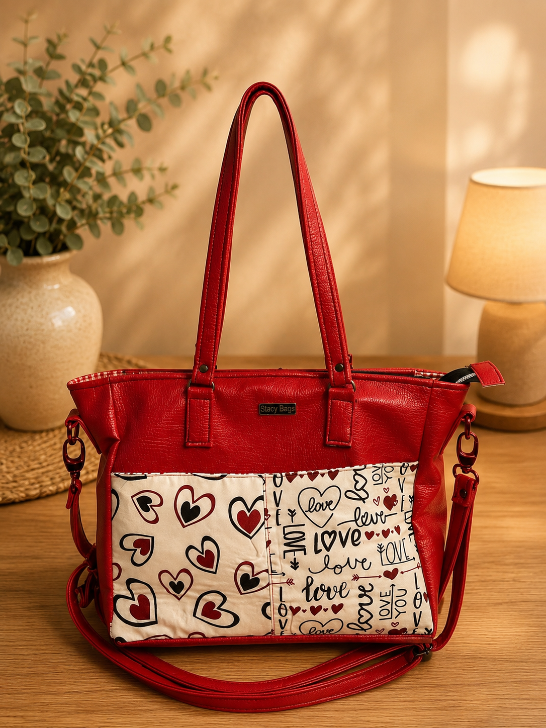 red vinyl heart print handbag front view