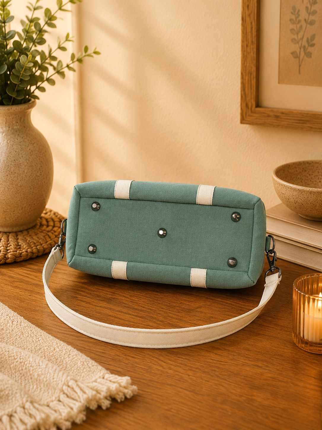 sage green handbag bottom feet view
