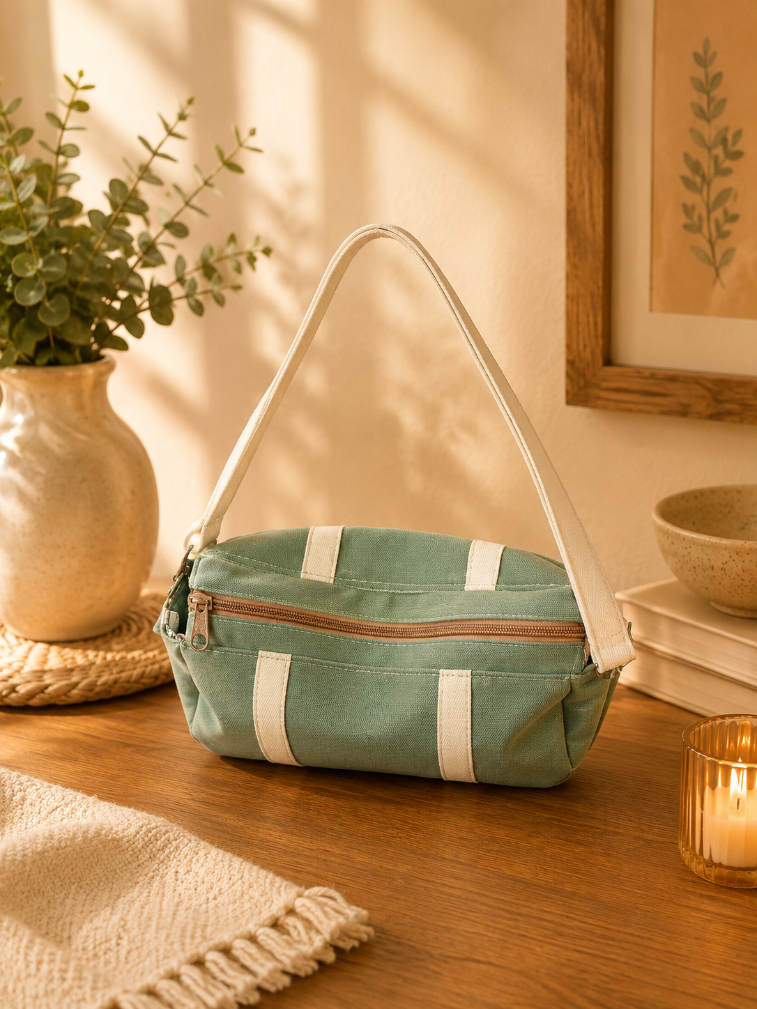 Sage green handmade shoulder bag showing top zipper closure and cream shoulder strap