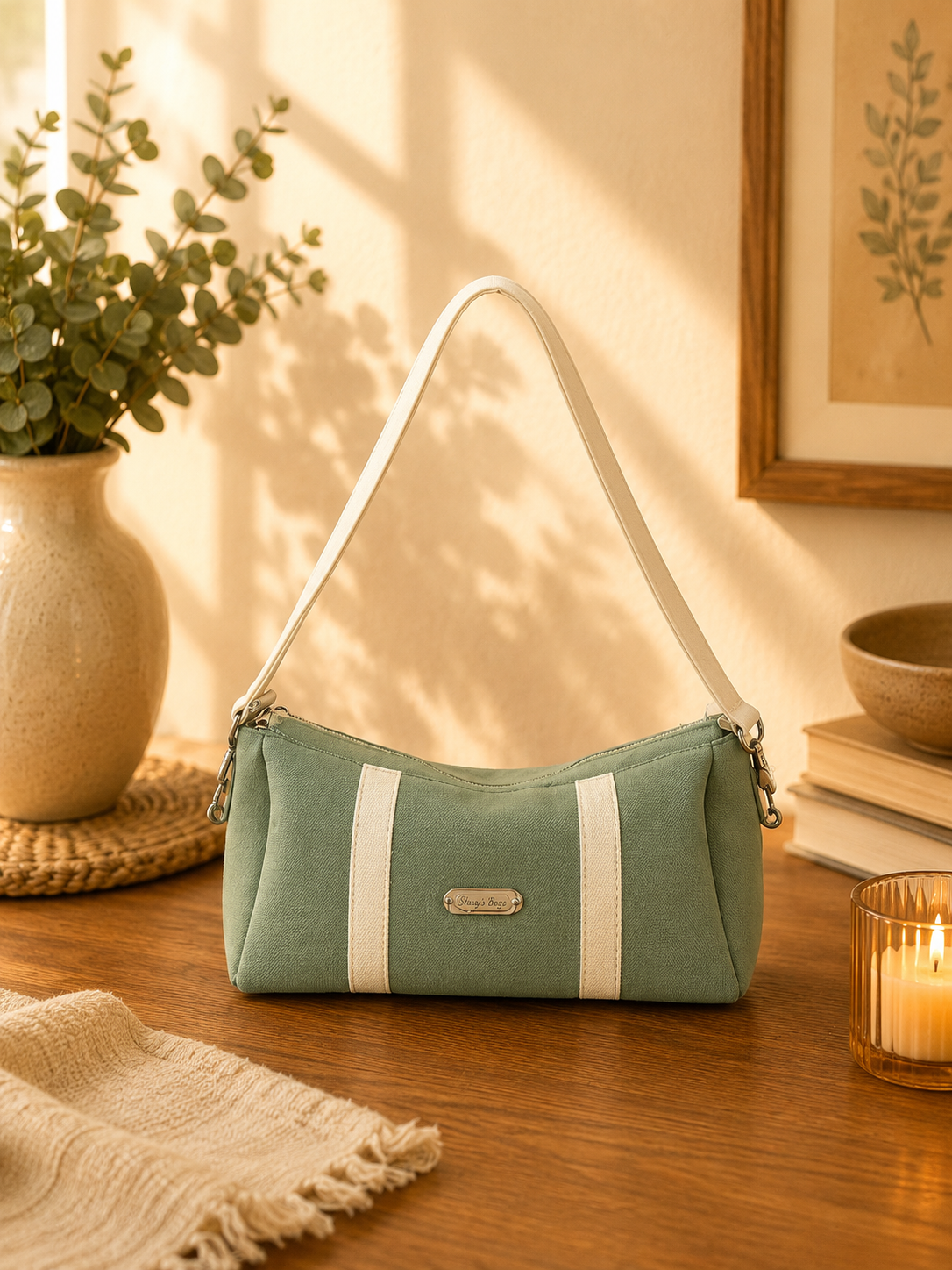 sage green handbag front view