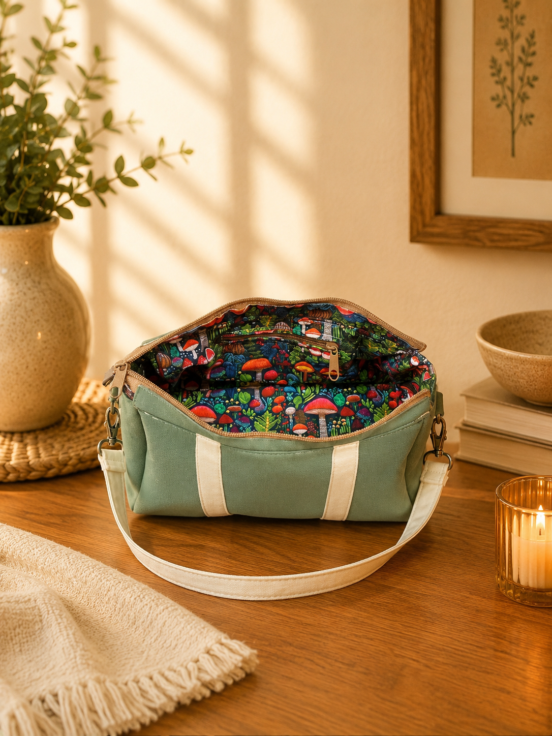 sage green handbag mushroom print interior pocket view