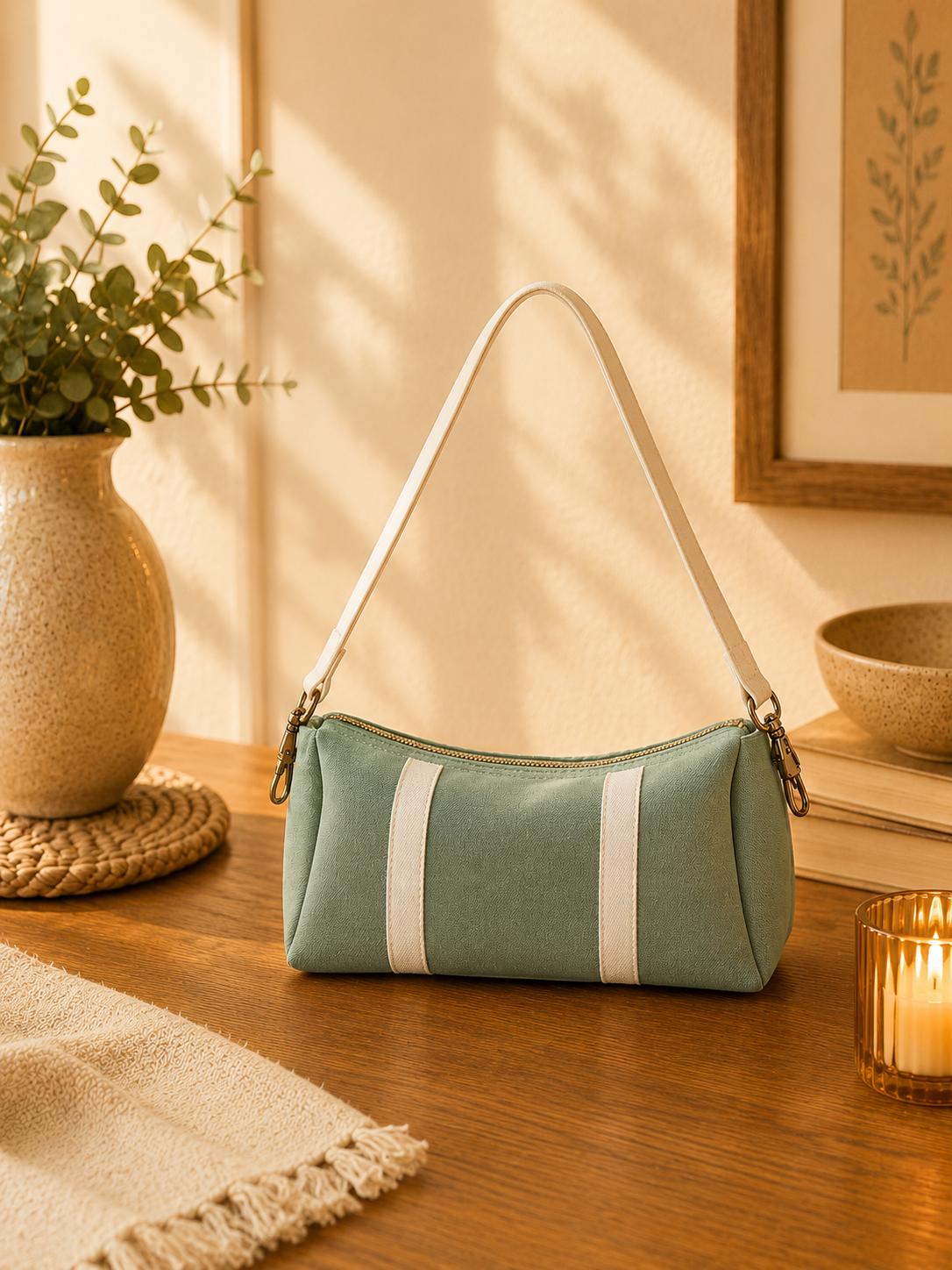sage green handbag side profile view
