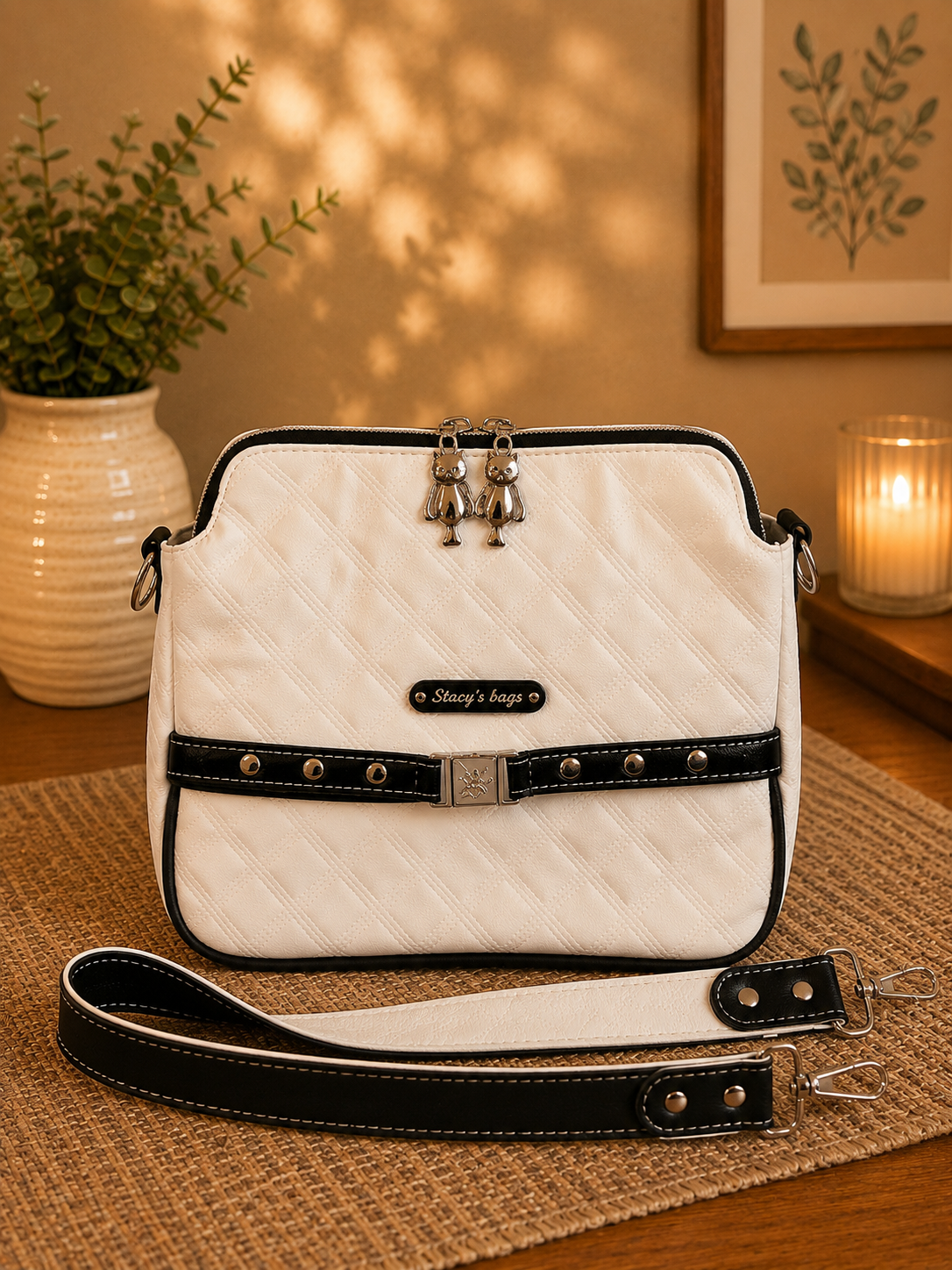 white quilted handbag black trim adjustable shoulder strap