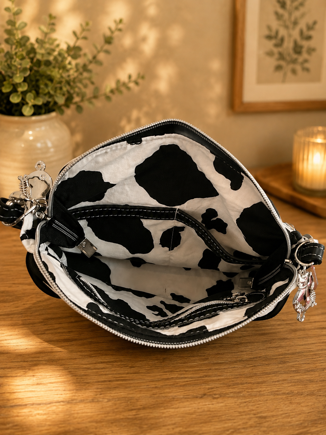 white quilted handbag cow print lining interior slip pocket view