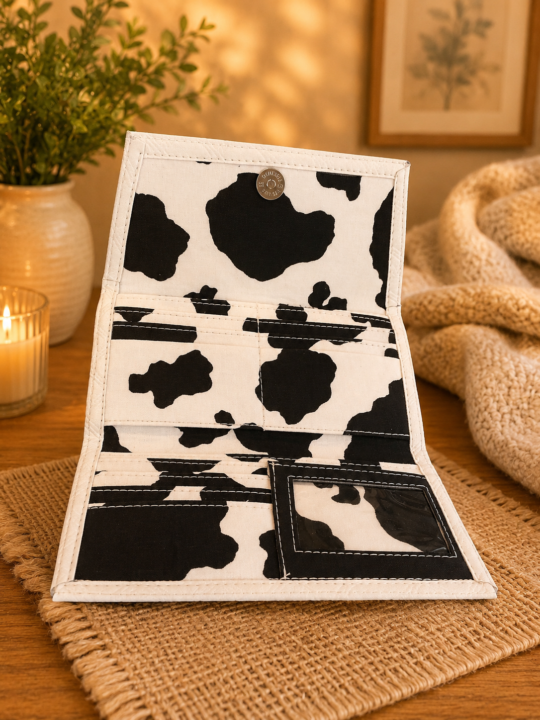 white quilted wallet cow print interior card slots