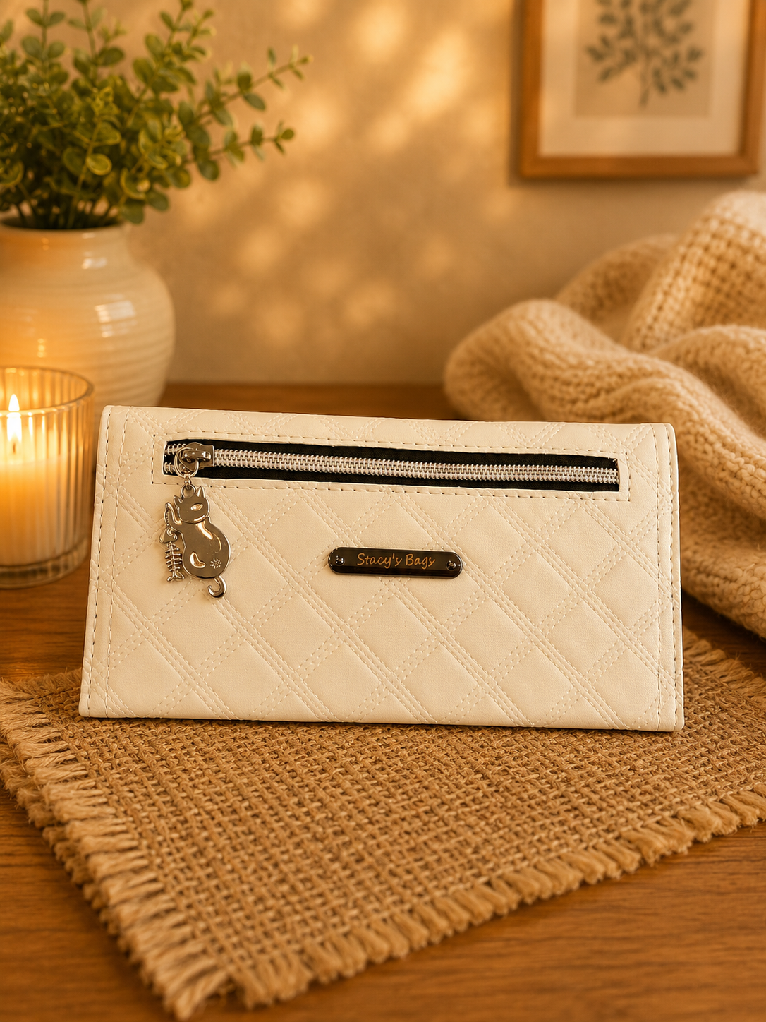 Handmade white quilted wallet with exterior zipper pocket and Stacy's Bags label