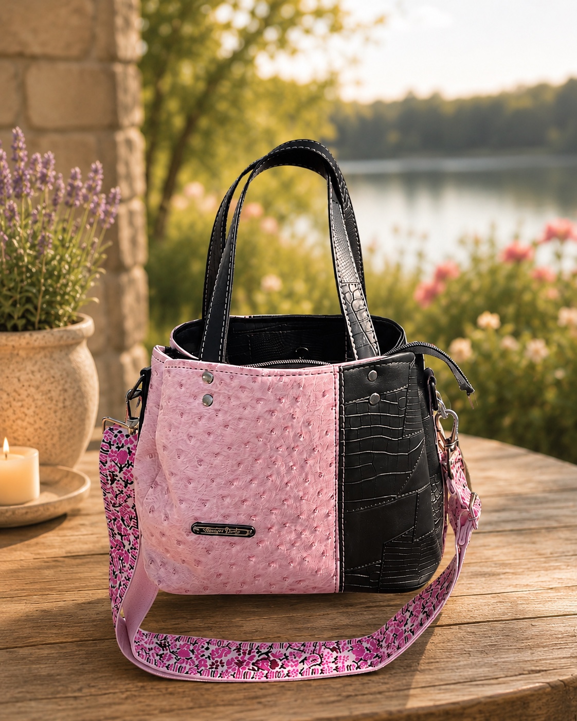 Pink and black textured handbag with black double handles, a pink patterned strap and silver-tone hardware on a wooden table.