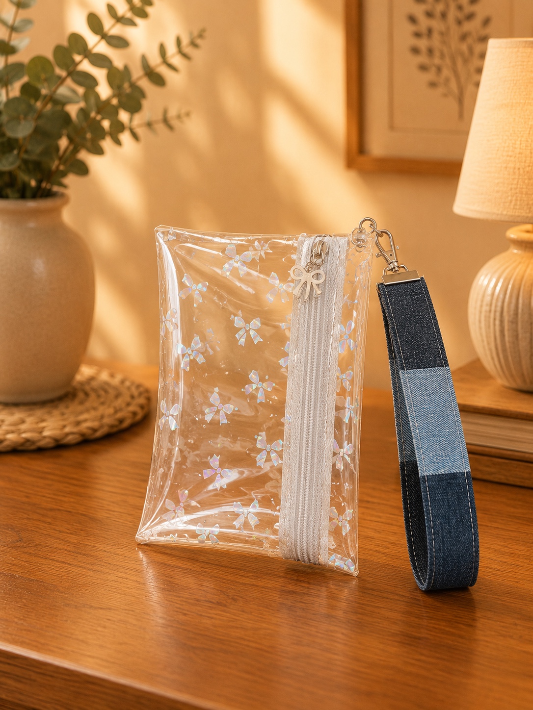 Clear Holographic Bow Wristlet with white zipper and blue patchwork wrist strap.