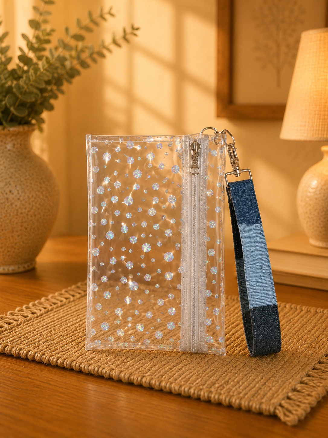 Clear Holographic Dot Wristlet with white zipper and blue patchwork wrist strap.