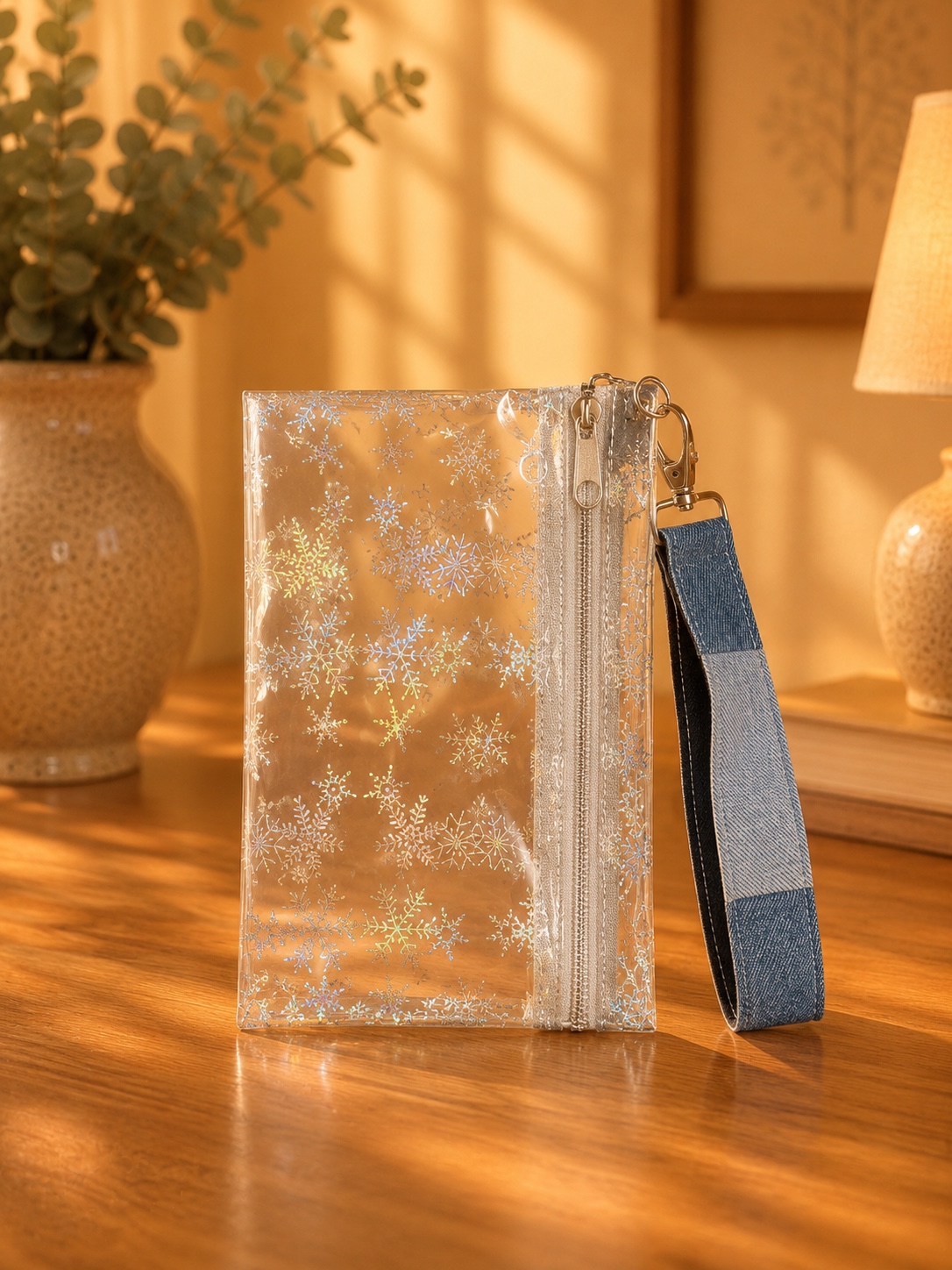 Clear Holographic Snowflake Wristlet with white zipper and blue patchwork wrist strap.