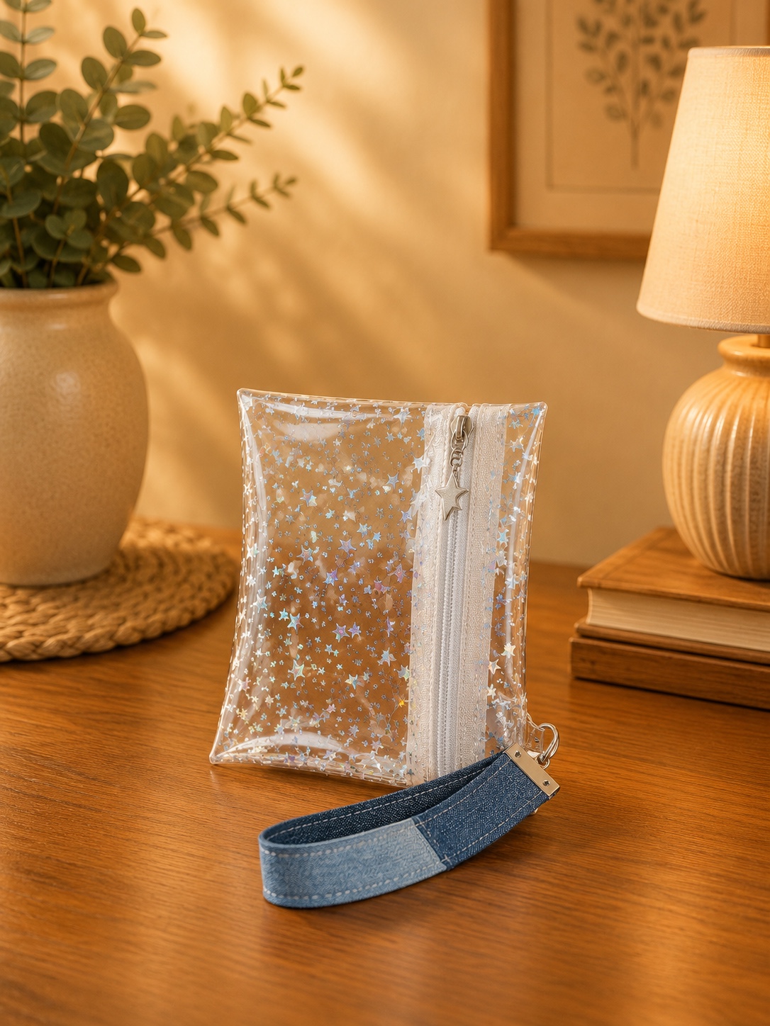 Clear Holographic Star Wristlet with white zipper and blue patchwork wrist strap.