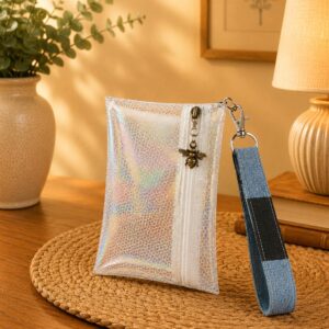 Holographic Honeycomb Wristlet with Bee Charm with white zipper and blue patchwork wrist strap.