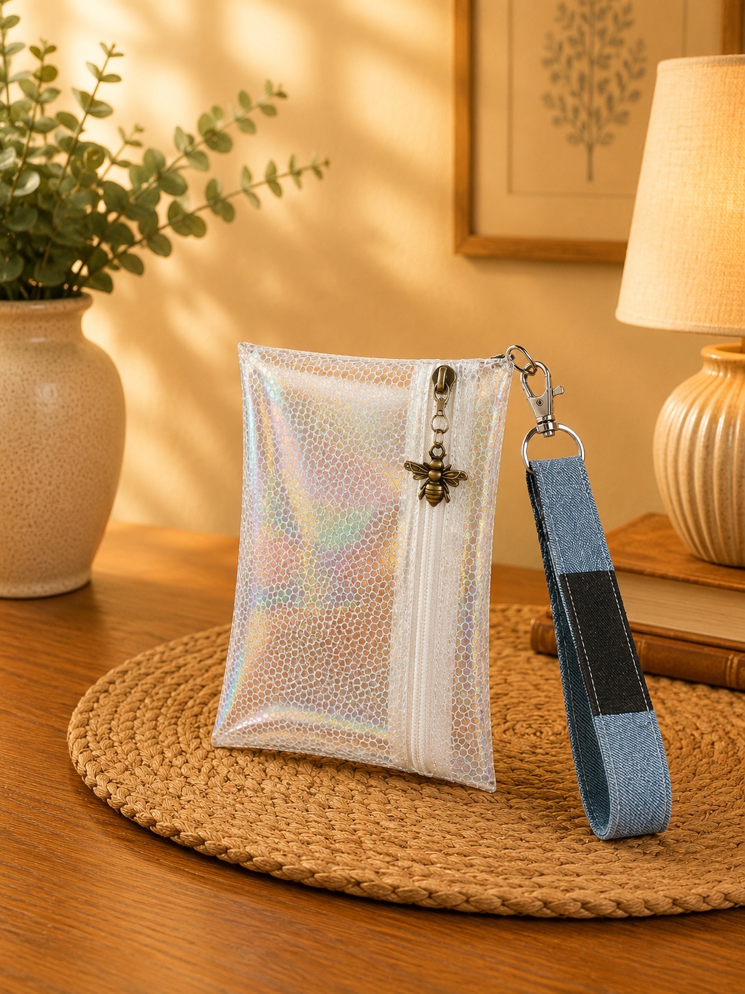 Holographic Honeycomb Wristlet with Bee Charm with white zipper and blue patchwork wrist strap.