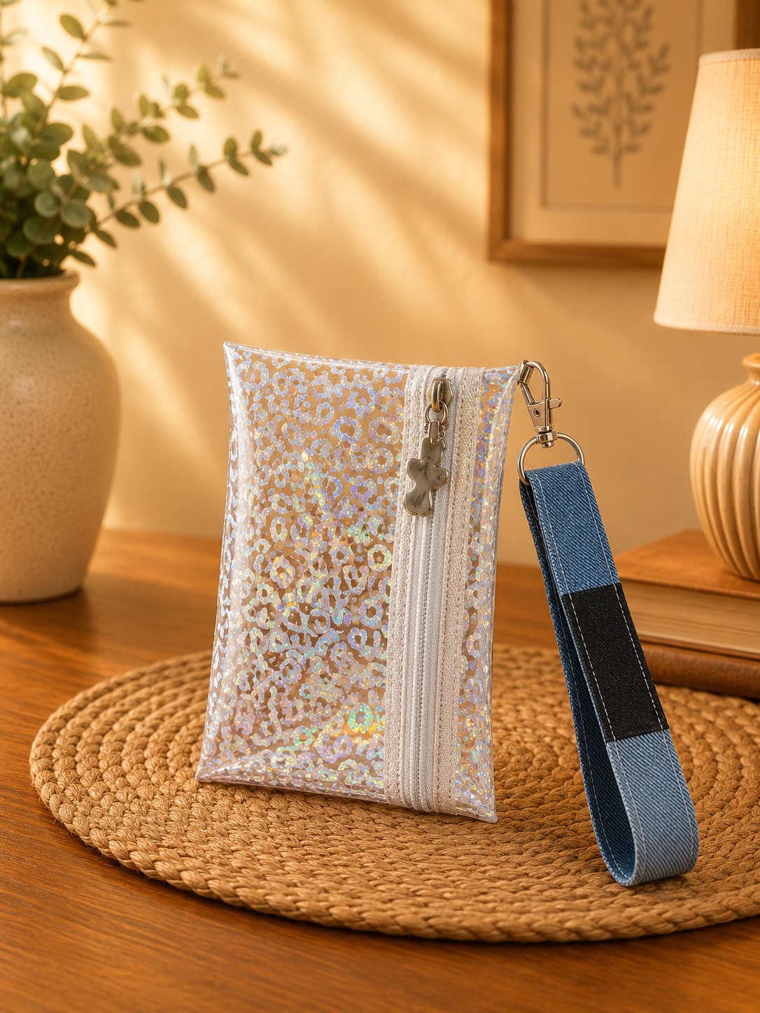 Holographic Leopard Print Wristlet with white zipper and blue patchwork wrist strap.