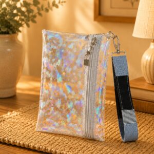 Iridescent Confetti Wristlet with white zipper and blue patchwork wrist strap.