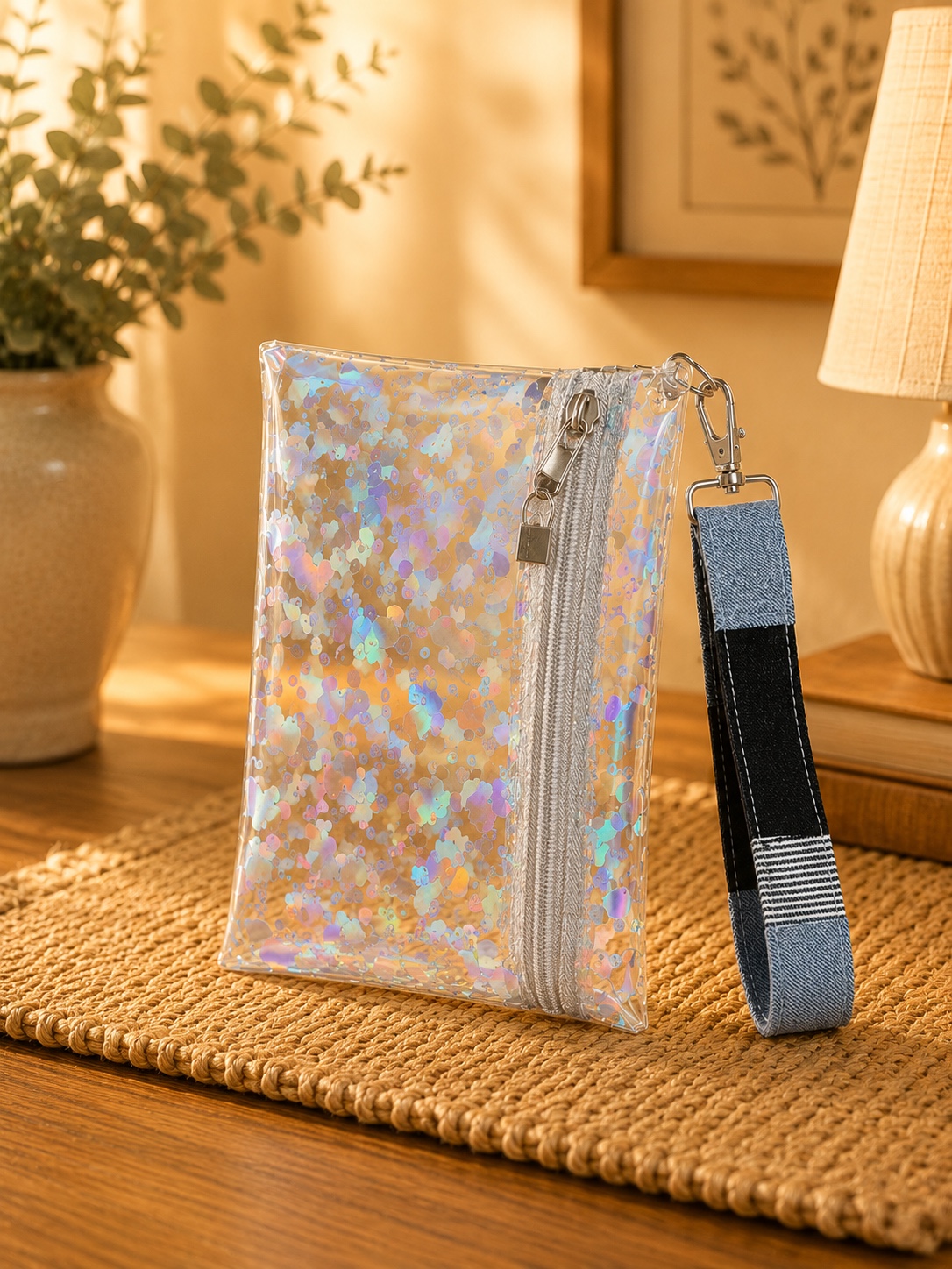 Iridescent Confetti Wristlet with white zipper and blue patchwork wrist strap.