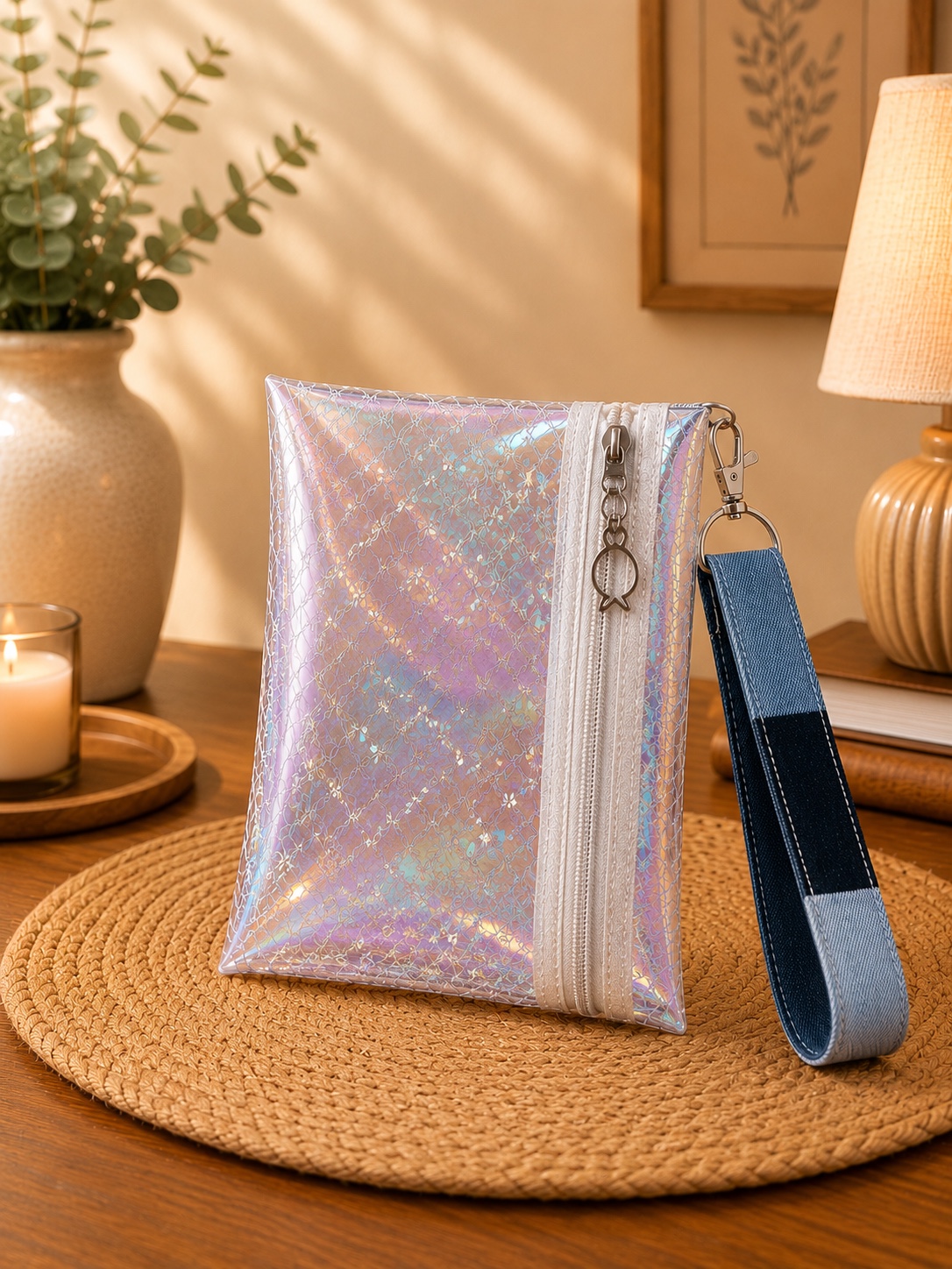 Iridescent patterned wristlet with fish zipper charm, white zipper and blue patchwork wrist strap.