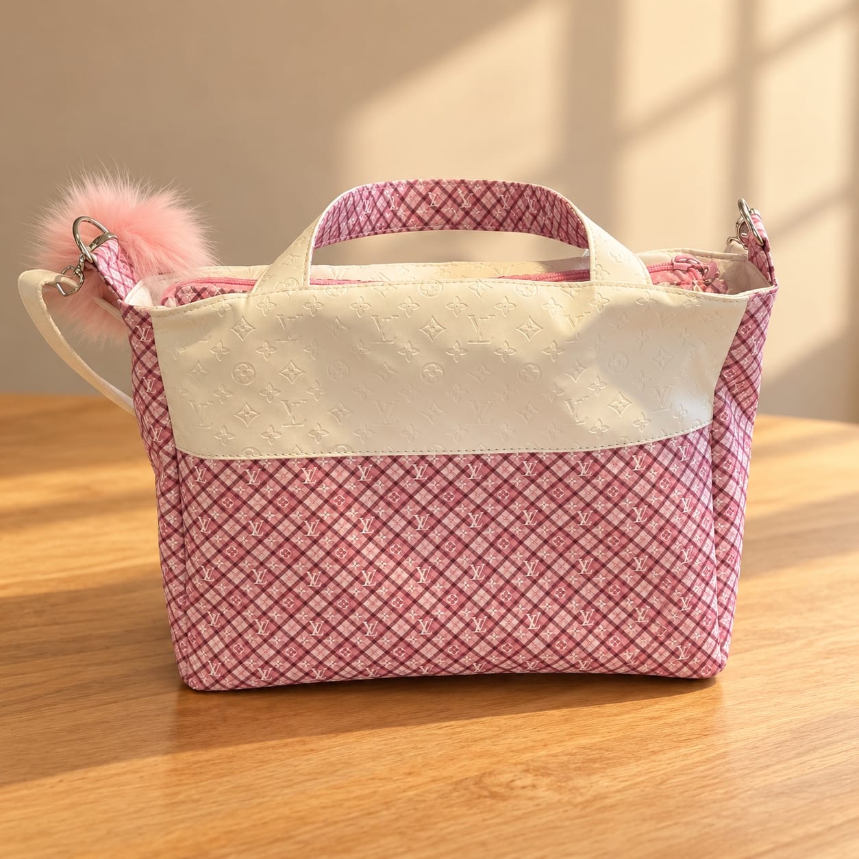 Back view of the pink plaid handbag with white textured trim and coordinating handles.