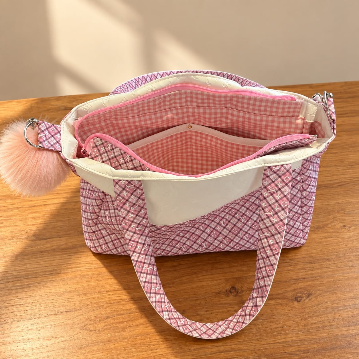 Pink Plaid Handbag with White Trim - Image 6