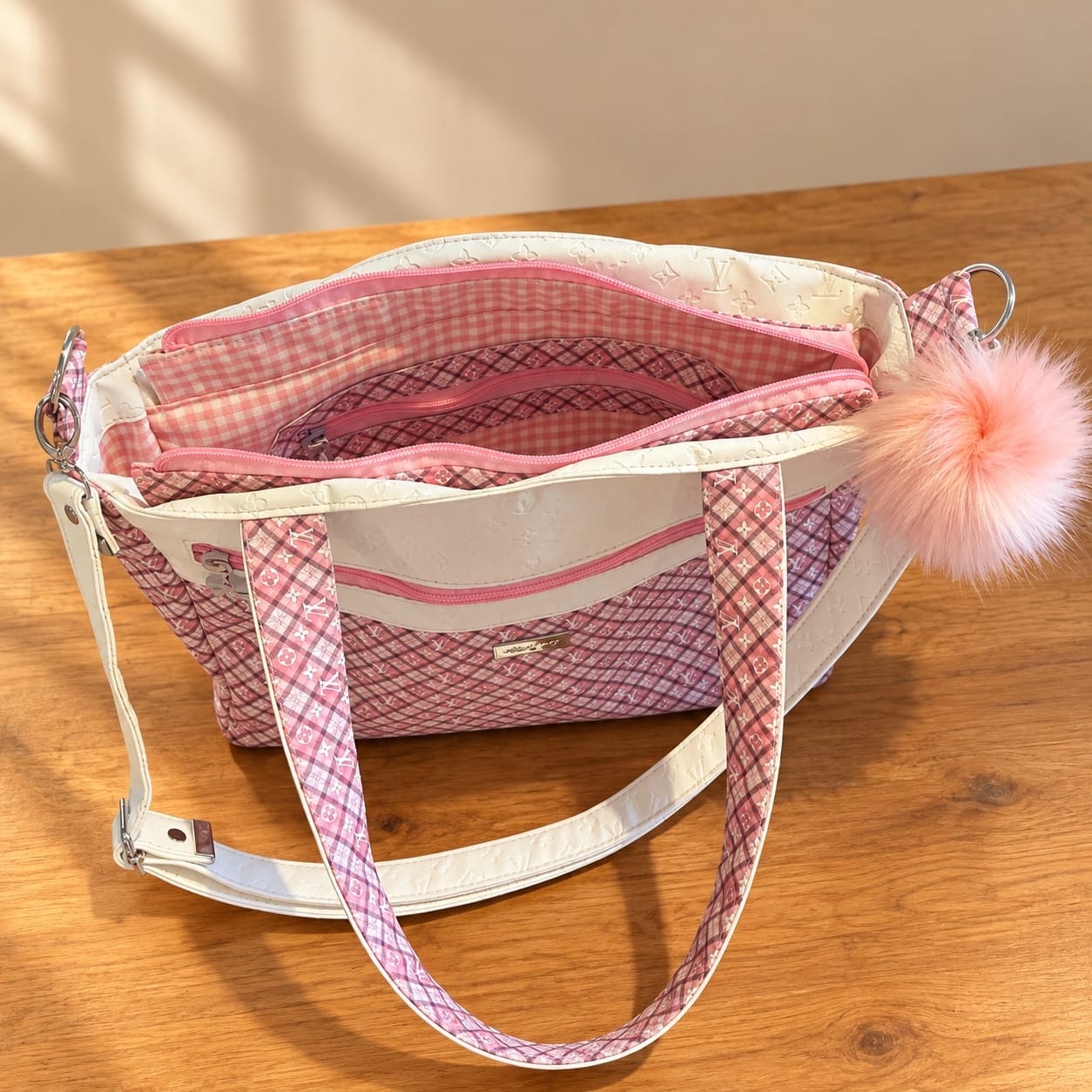 Open-top view of the pink plaid handbag showing pink gingham lining and an interior zippered pocket.