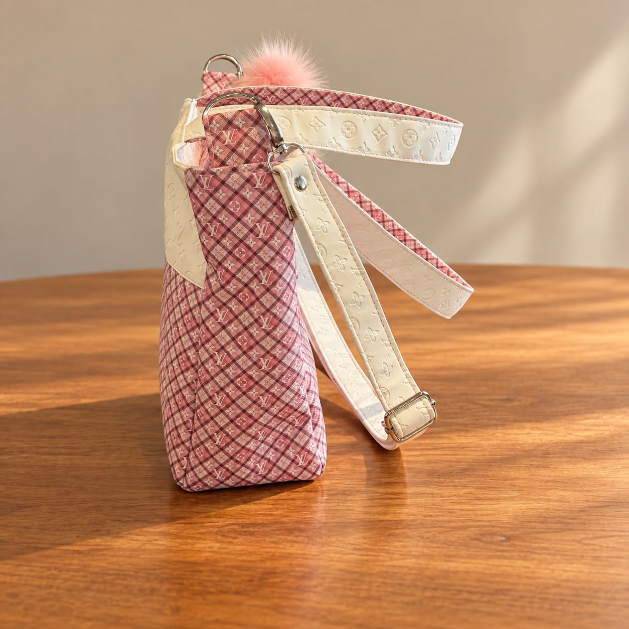 Pink Plaid Handbag with White Trim - Image 7